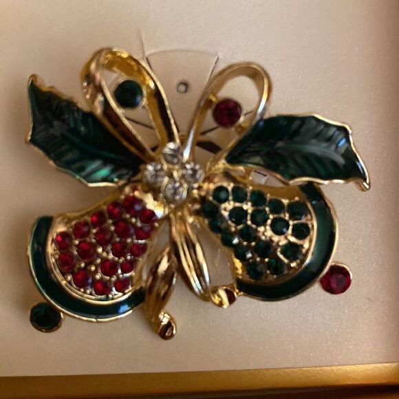 Anne Klein Gold Tone Red & Green Rhinestone Bells & Holly Brooch Pin - Picture 2 of 3